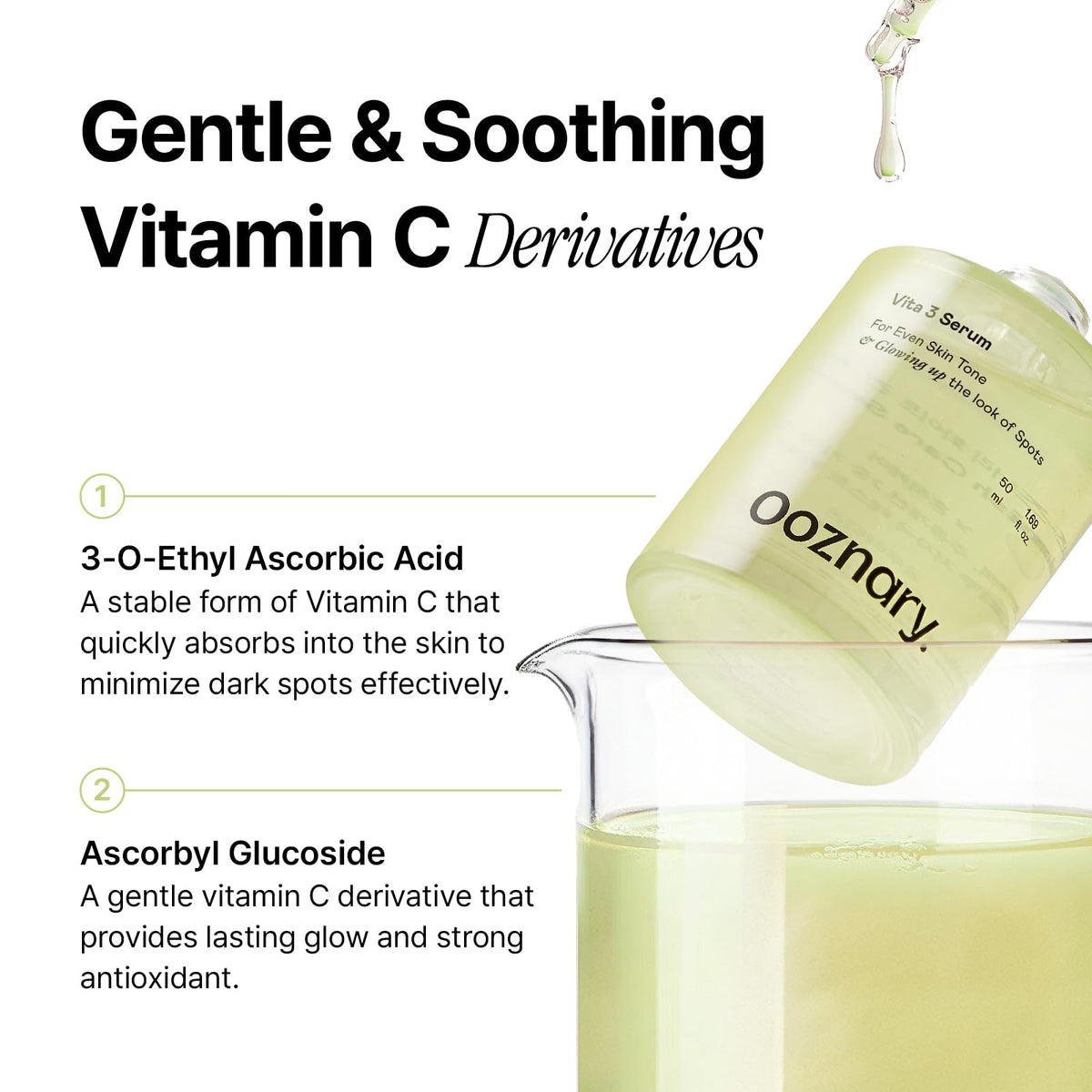 OOZNARY ingredient label close-up, highlights gentle vitamin C and niacinamide