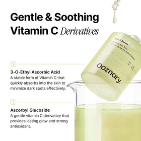 OOZNARY ingredient label close-up, highlights gentle vitamin C and niacinamide
