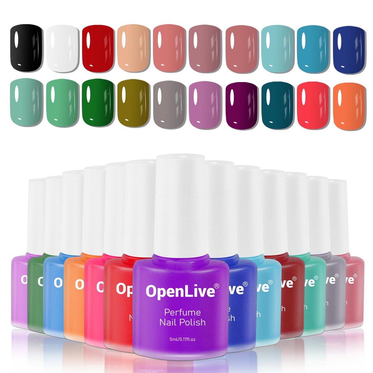 OpenLive front view of 20-bottle set shows full color range and easy selection benefit