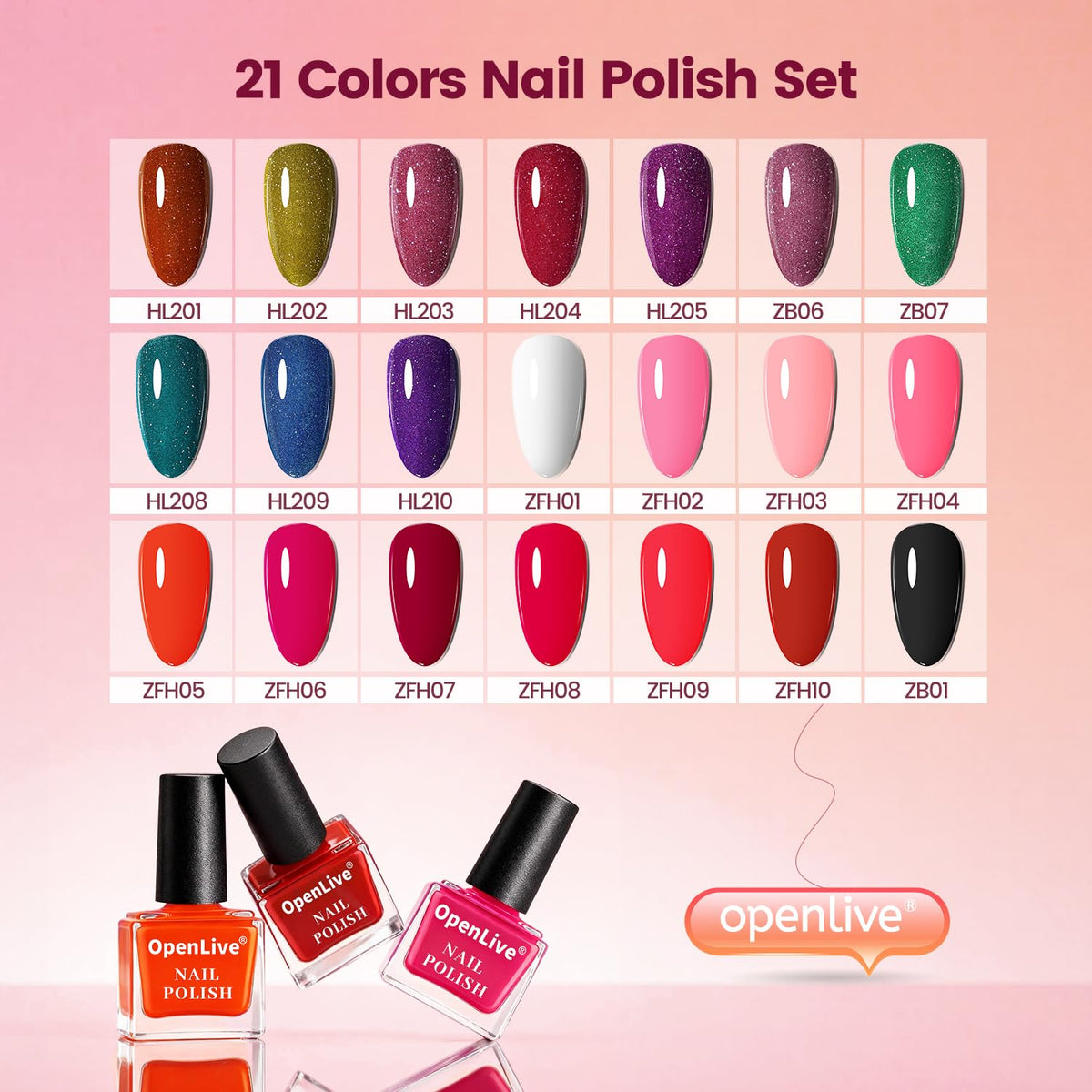 OpenLive arranged 5ml bottles displaying varied colors and finishes for styling ideas
