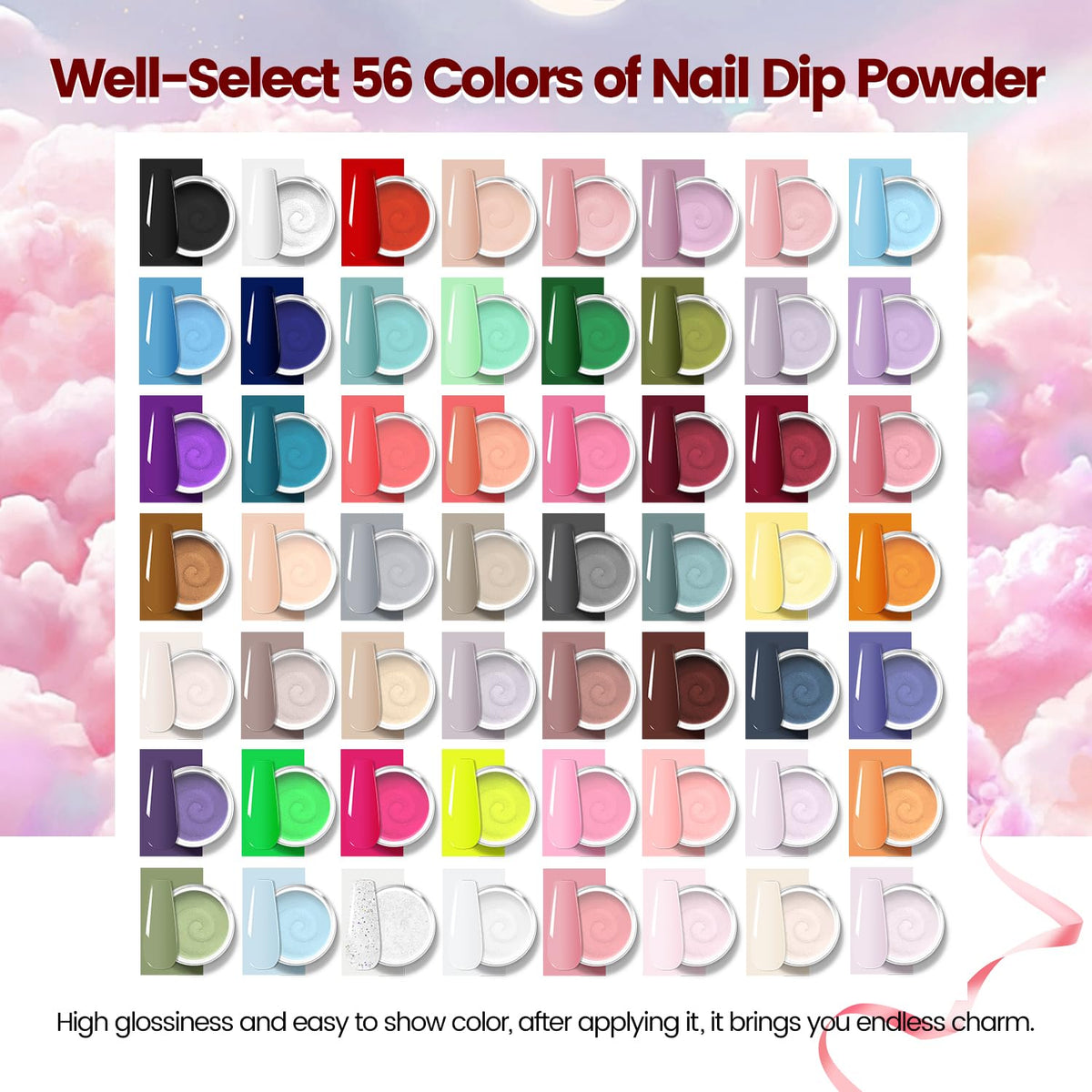 OpenLive 56 color dip powders neatly arranged for selection benefit
