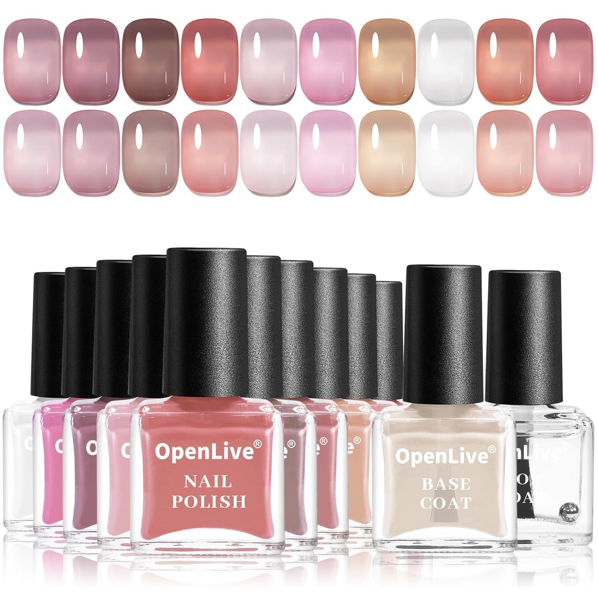 OpenLive front packaging showing all 10 jelly polish bottles and gift-ready display for versatile looks