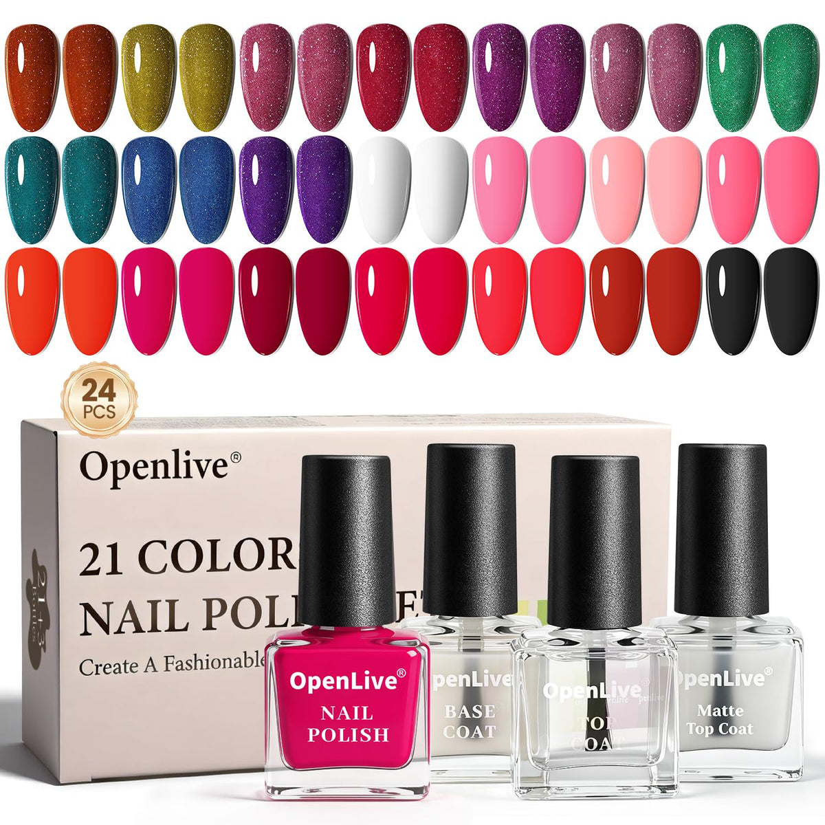 OpenLive front packaging showing 24 mini polish set and gift box, perfect present