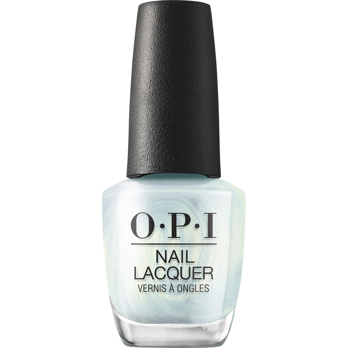 OPI bottle front view showing Air We Go pastel-blue shimmer and benefit of glossy color