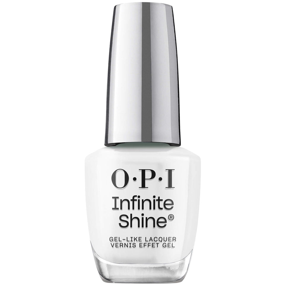 OPI Alpine Snow bottle front view showing opaque white crème and glossy finish benefit