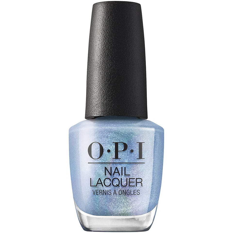 OPI angels flight to starry nights front bottle showing holographic blue polish and label benefit true color
