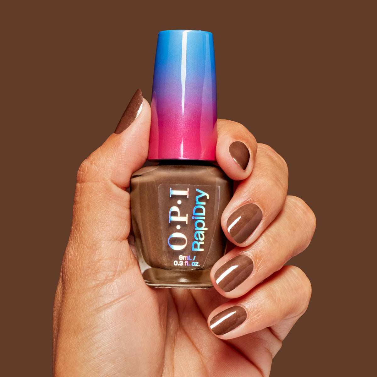 OPI bottle with cap showing post-consumer recycled material and eco benefit