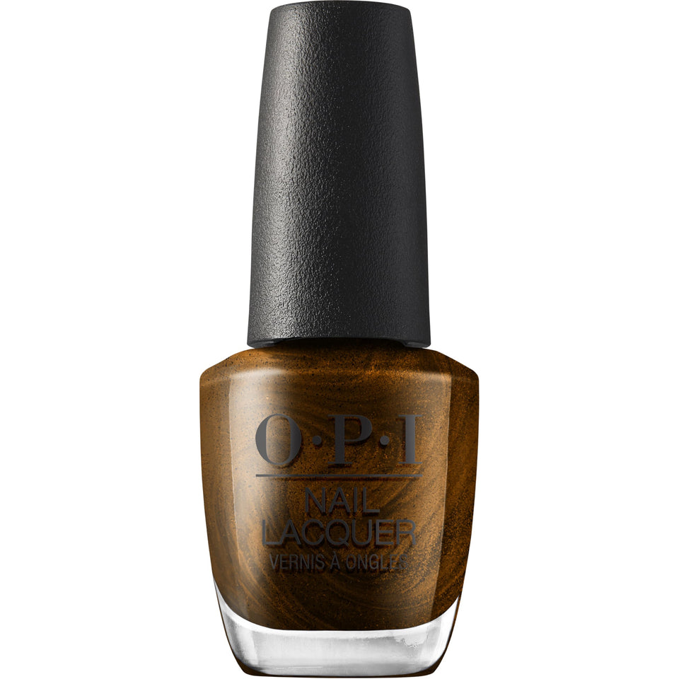 OPI Band Tease front bottle view showing label and dark gold brown shade for brand clarity