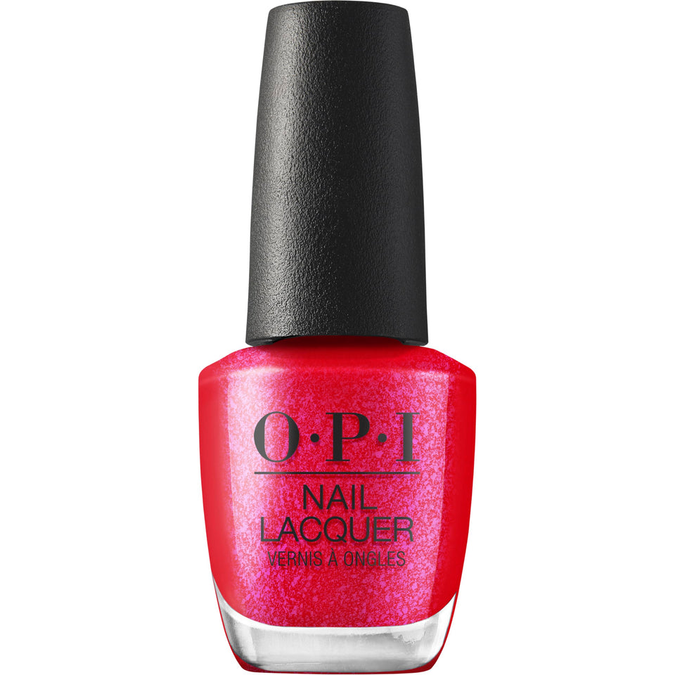 OPI bottle front view showing shimmery scarlet shade and glossy finish
