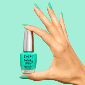 OPI bottle cap and label detail highlighting brand and shade benefit