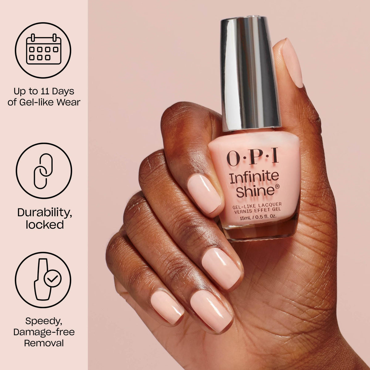 OPI Brighter Daze Ahead swatch on nails showcasing opaque pastel pink with shimmer