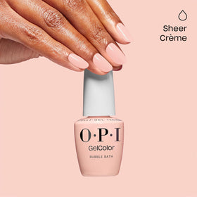 OPI nail swatches wearing Bubble Bath showing natural-gloss benefit