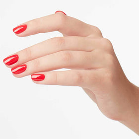 OPI painted nails close-up with Cajun Shrimp showing chip-resistant glossy look