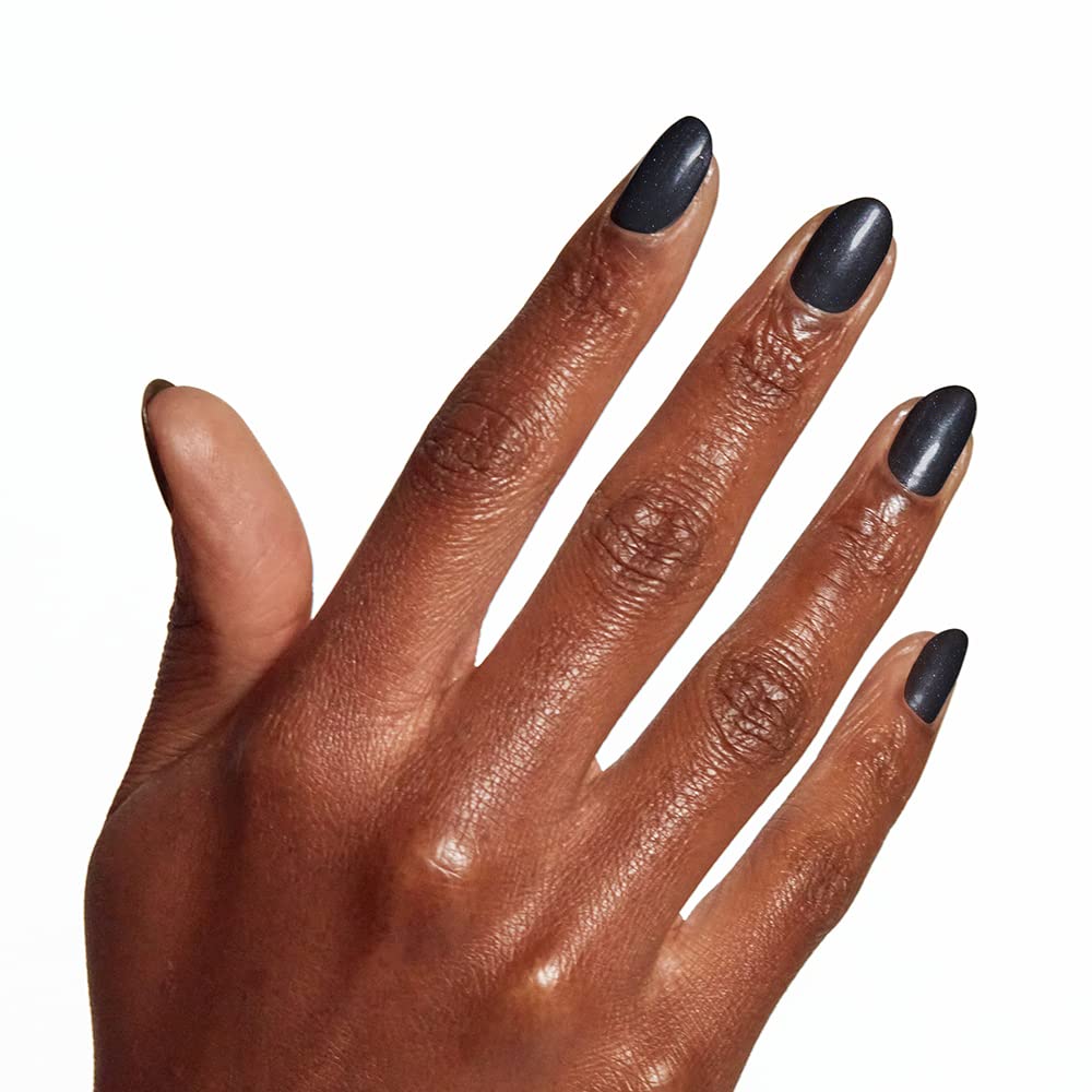 OPI nail swatch on hand displaying deep black pearl finish benefit