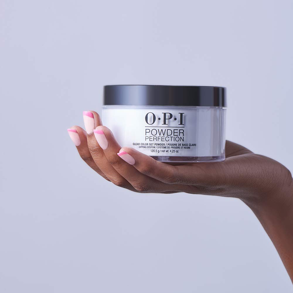 OPI clear overlay on nail tip scale displaying added length and protective finish