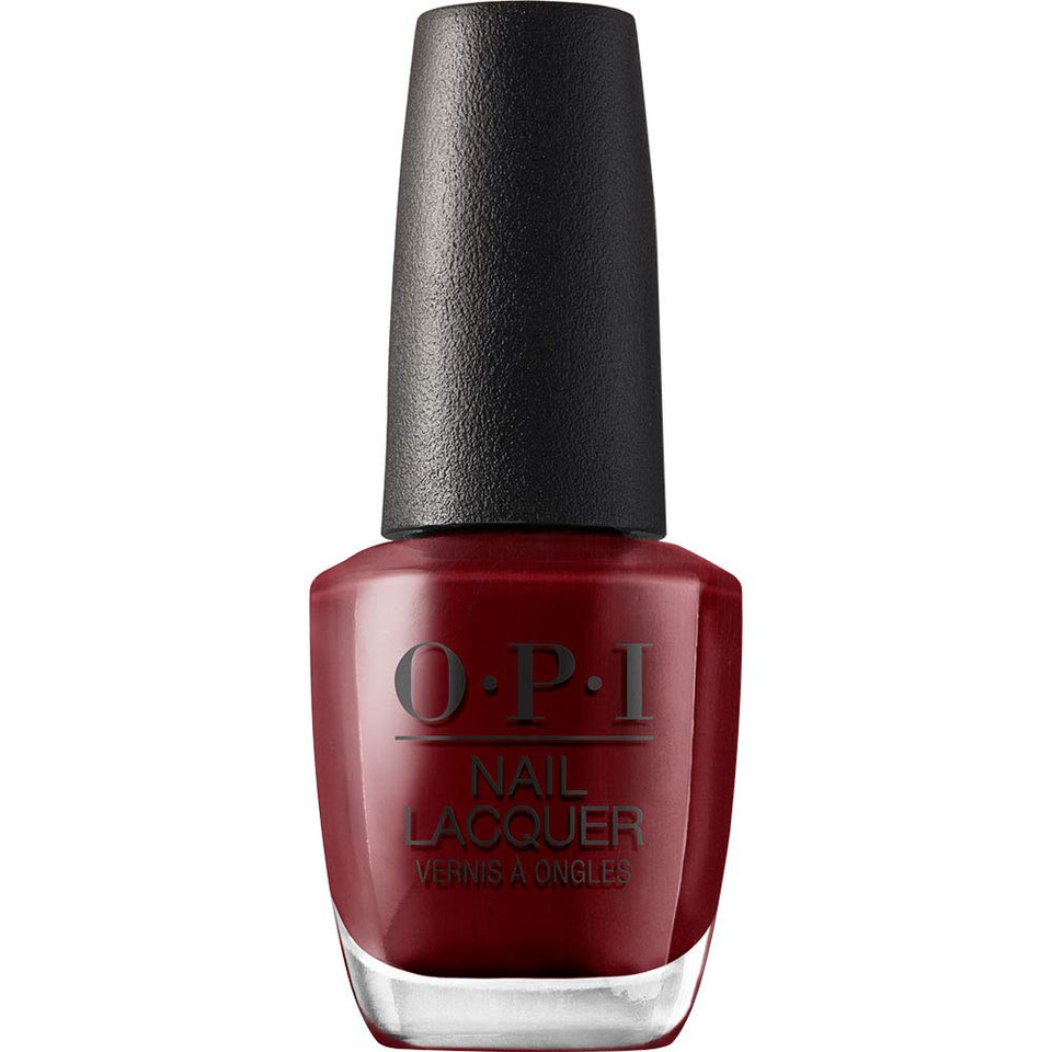OPI bottle front view showing rich burgundy color and readable label for brand clarity