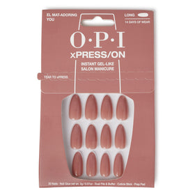 OPI El Mat-Adoring You front packaging showing tan long almond tips and glue included, easy salon look