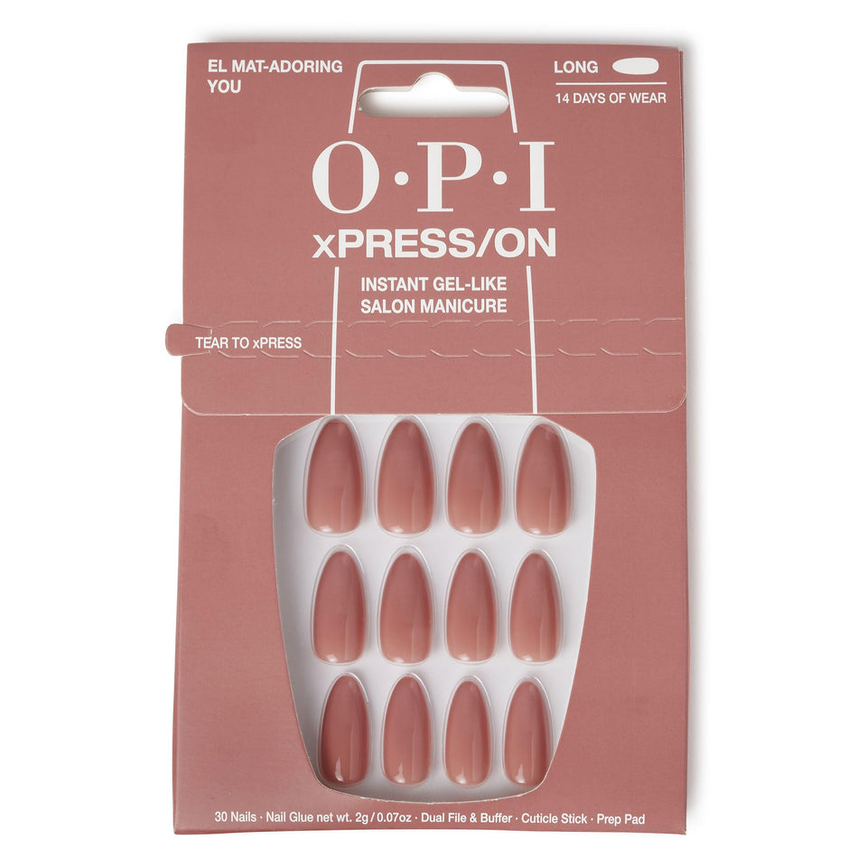 OPI El Mat-Adoring You front packaging showing tan long almond tips and glue included, easy salon look
