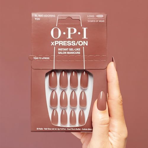 OPI El Mat-Adoring You worn on hand lifestyle image showing elegant long almond tan nails for events