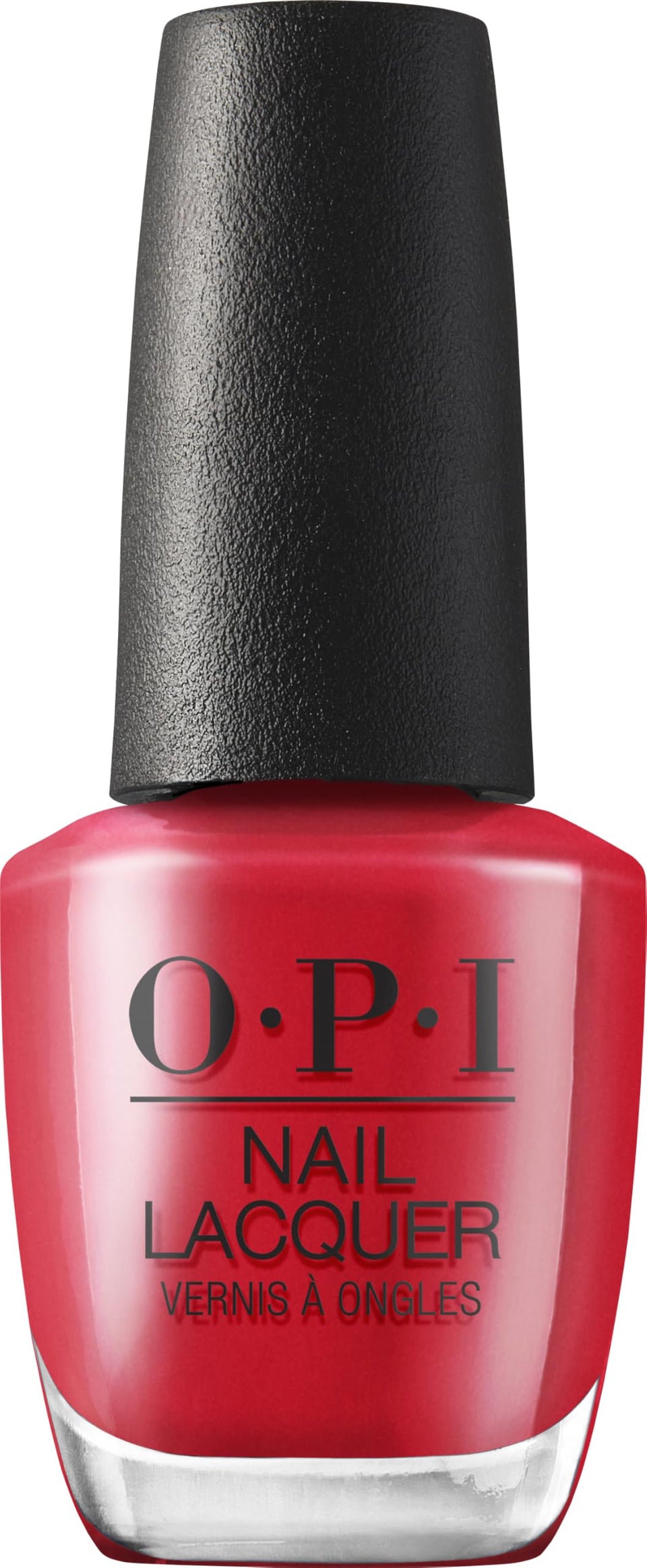 OPI bottle front view showing rich red color and high-shine finish
