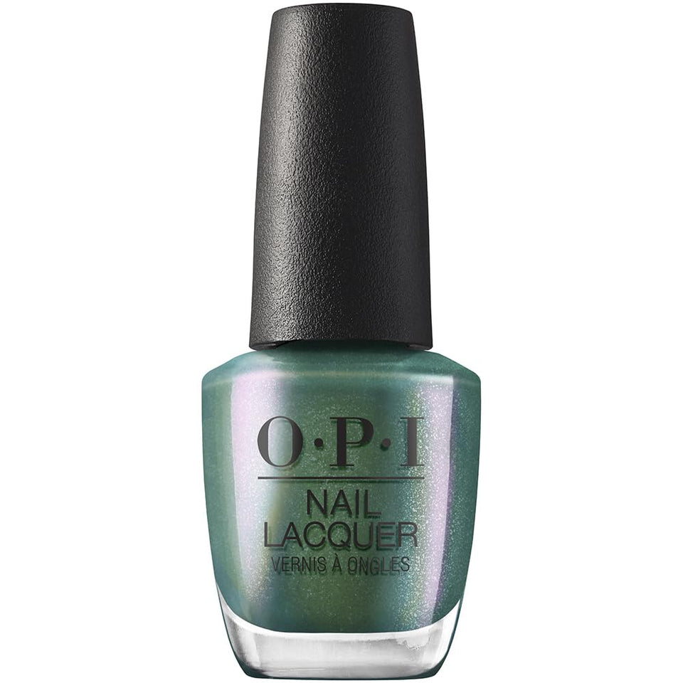 OPI bottle front view showing sheer dark green shimmer and brand polish