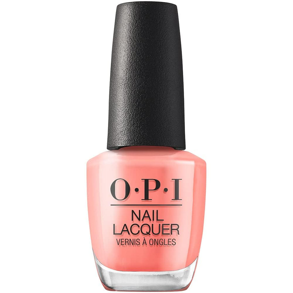 OPI bottle front view showing bright coral color and glossy finish benefit