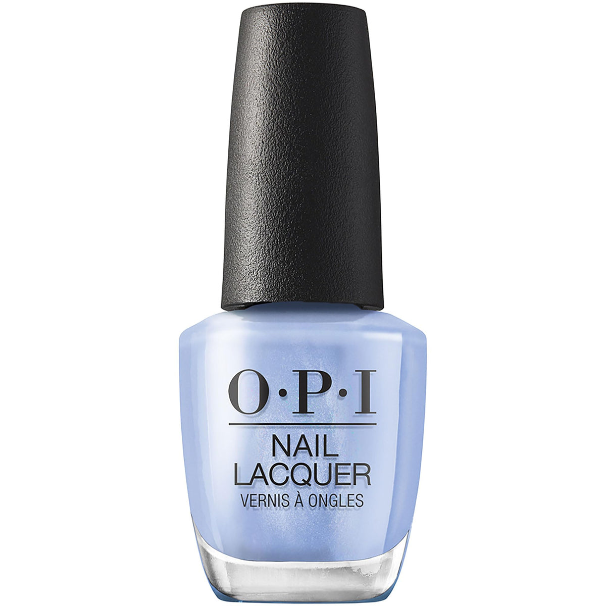 OPI bottle front view showing light blue shimmer shade and glossy finish