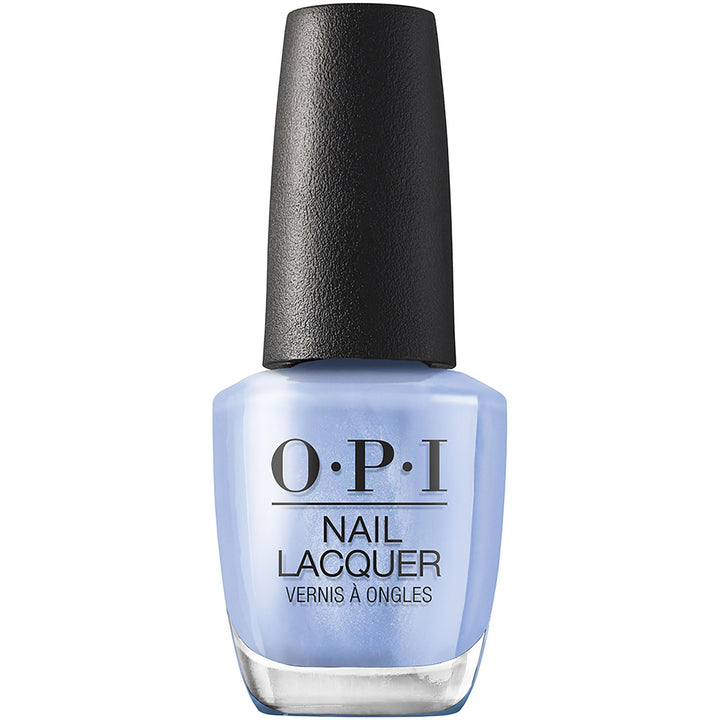OPI bottle front view showing light blue shimmer shade and glossy finish