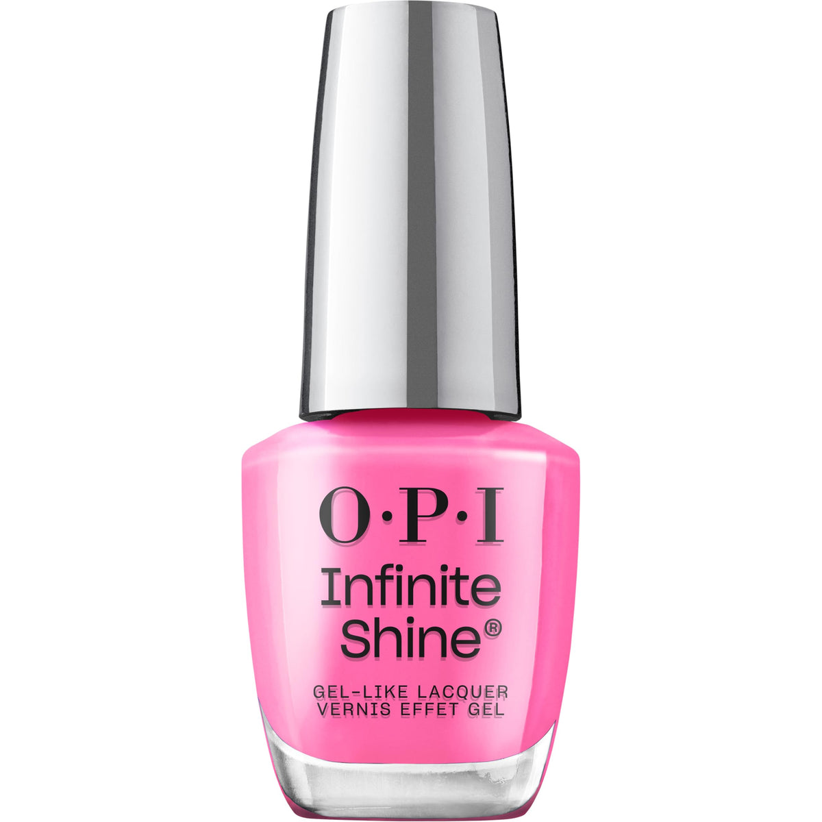 OPI front bottle showing neon pink polish and glossy finish benefit