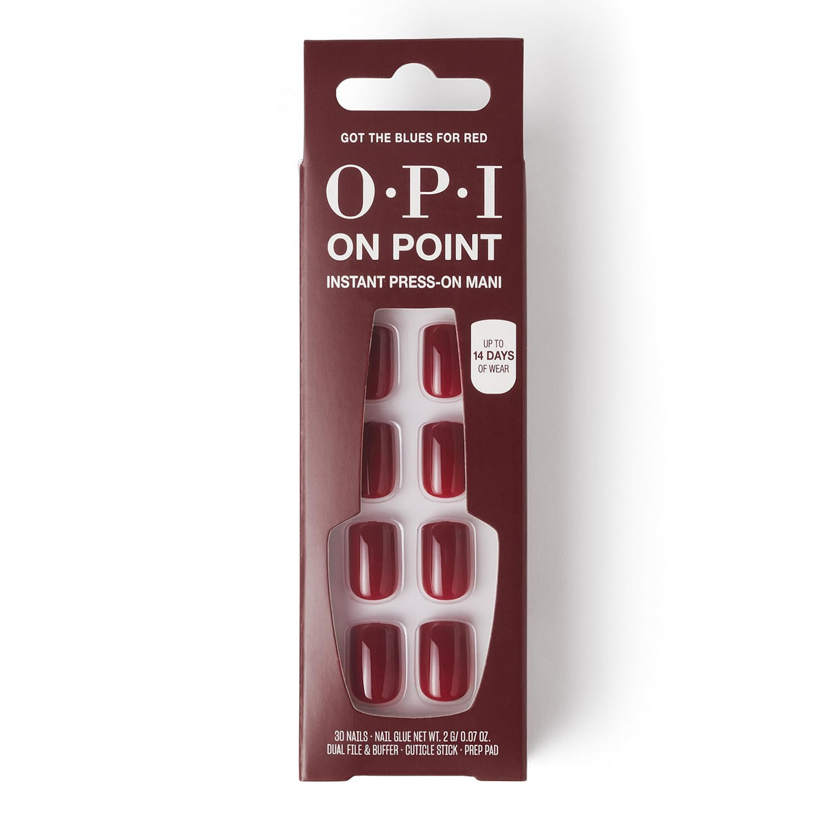OPI front packaging showing included 24 tips and glue, quick salon results