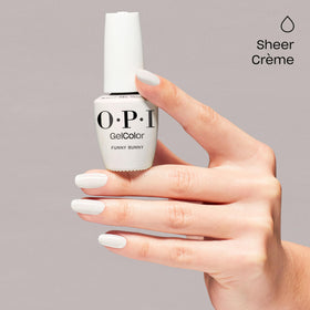 OPI Funny Bunny cured nails in salon showing durable glossy wear benefit