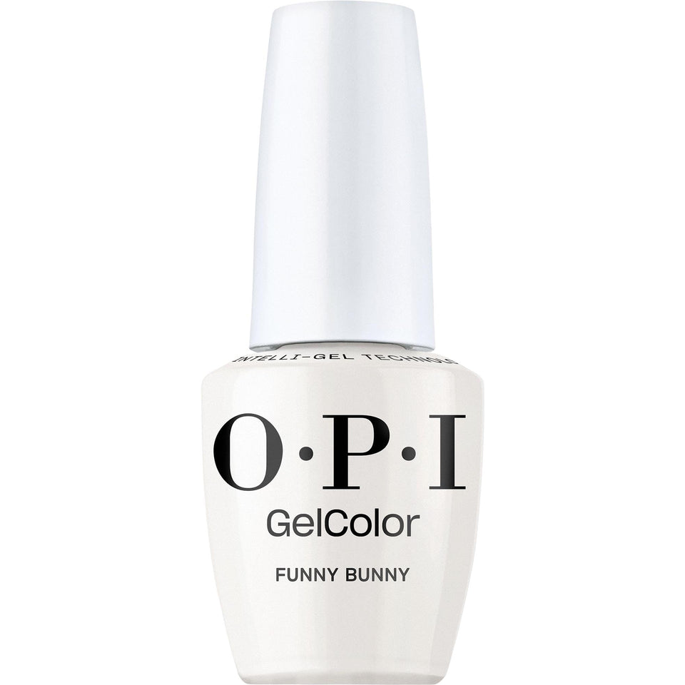 OPI Funny Bunny bottle front view showing soft white shade and glossy benefit