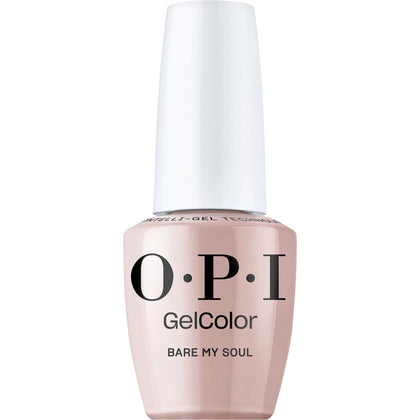 OPI bottle front view showing Bare My Soul color and glossy finish benefit