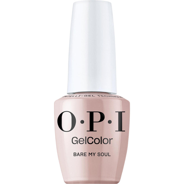 OPI bottle front view showing Bare My Soul color and glossy finish benefit