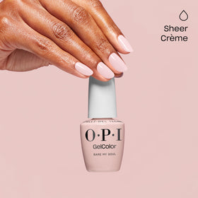 OPI manicure on hand with Bare My Soul showing salon-quality shine benefit