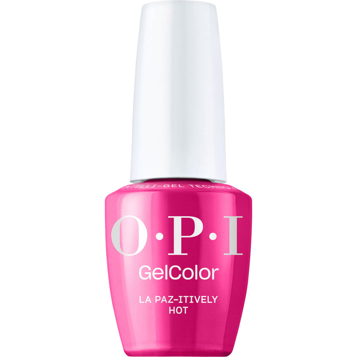 OPI bottle front view showing La Paz-itively Hot vibrant pink and brand shine