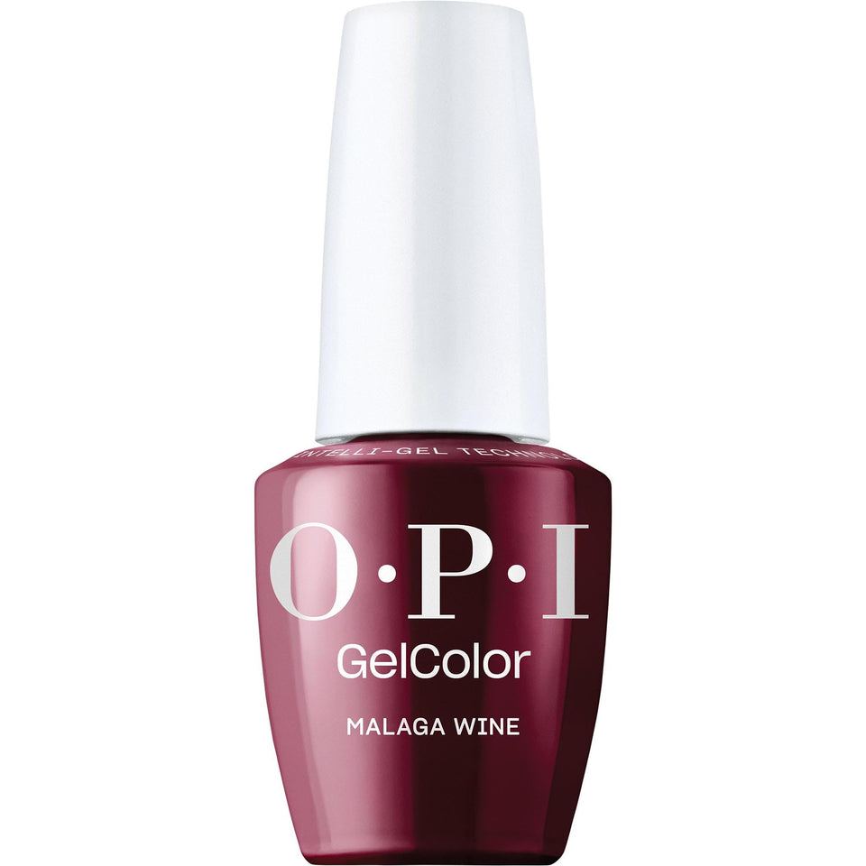 OPI GelColor Malaga Wine bottle front view showing deep wine shade and glossy finish