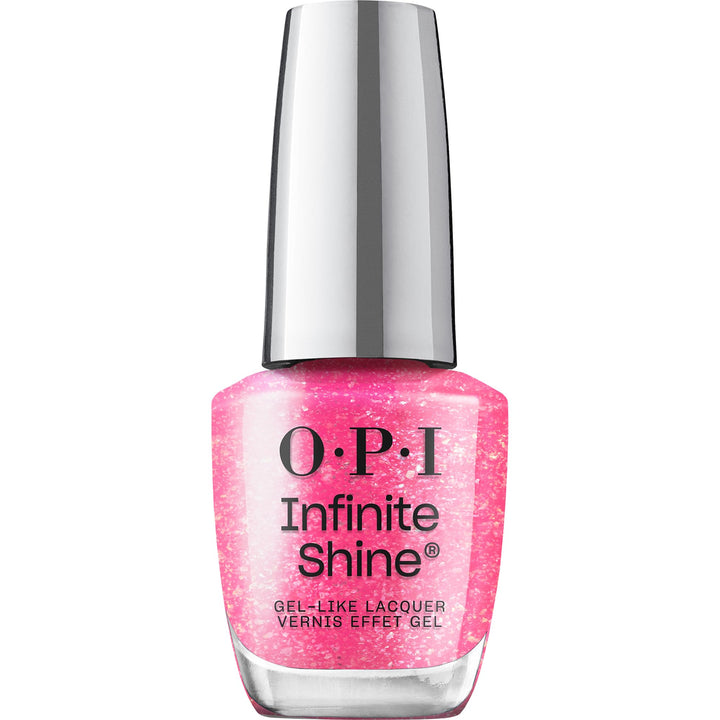 OPI bottle front view showing bright pink shimmer and glossy finish benefit