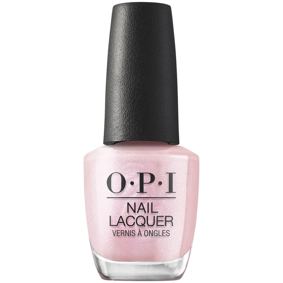 OPI bottle front view showing baby pink pearl shade and glossy finish benefit