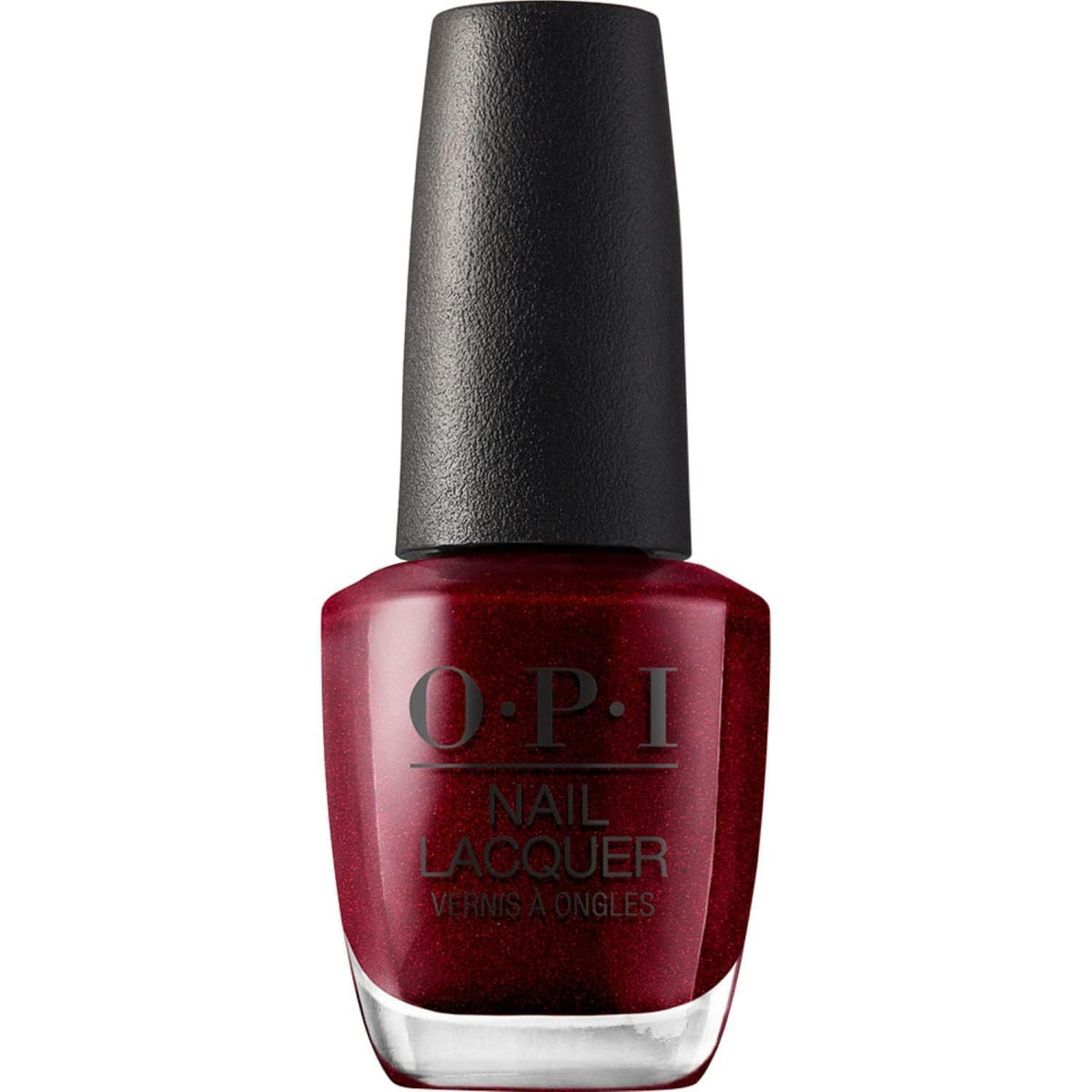 OPI bottle front view showing deep red shade and glossy finish benefits