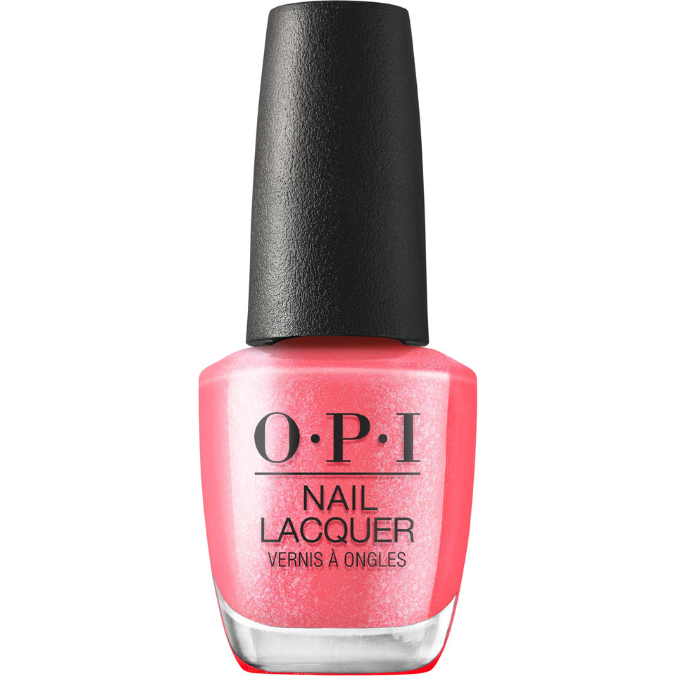 OPI bottle front view showing vivid flamingo pink shimmer and glossy finish
