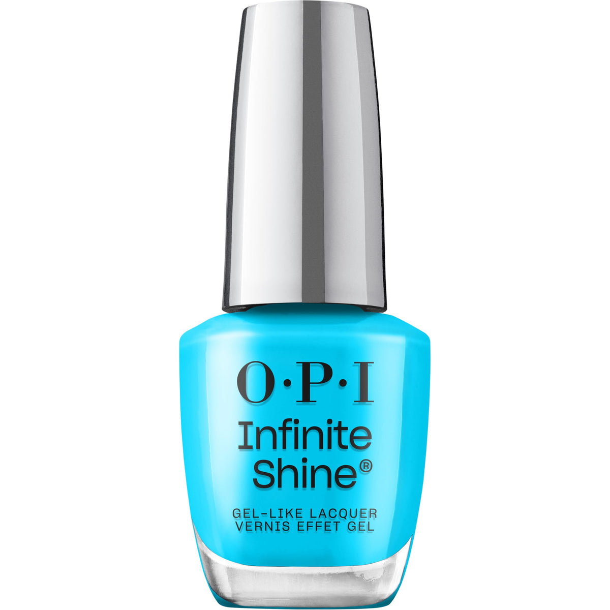 OPI bottle front packaging showing bright teal and glossy finish benefit