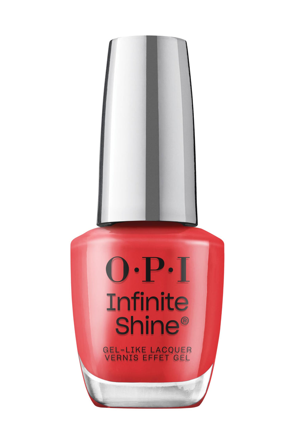 OPI bottle front view showing Cajun Shrimp shade and label, vibrant finish benefit