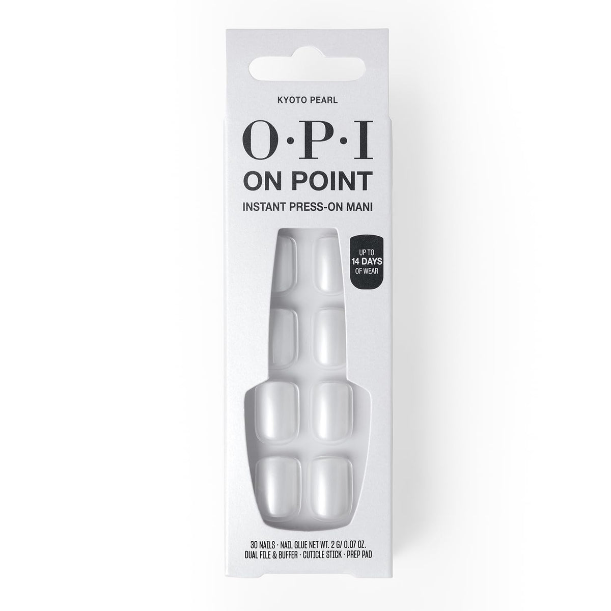 OPI Kyoto Pearl front packaging showing clean white shimmer and included glue