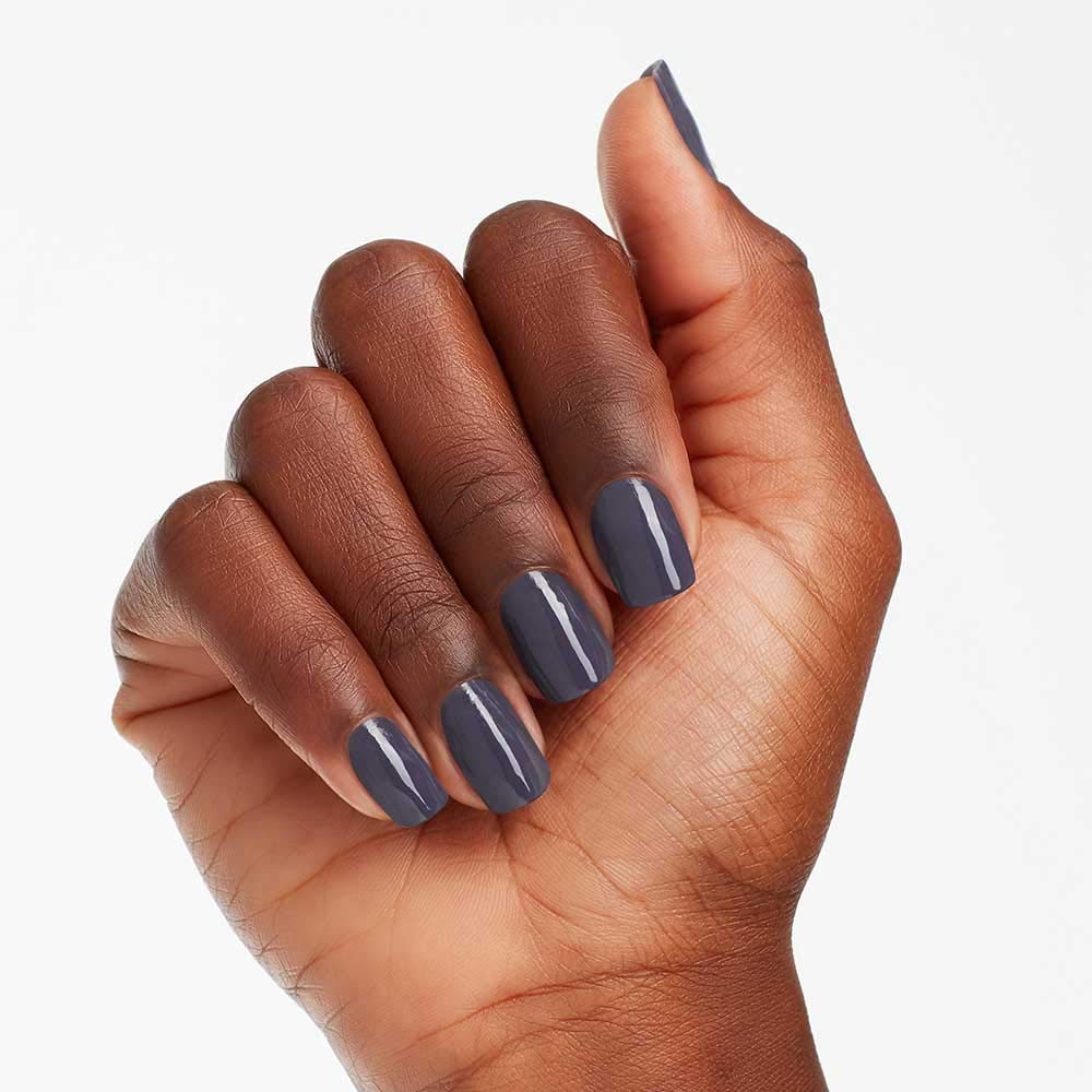 OPI Less is Norse swatch on fingers showing opaque two-coat coverage