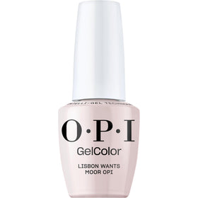 OPI bottle front showing Lisbon Wants Moor and glossy finish benefit