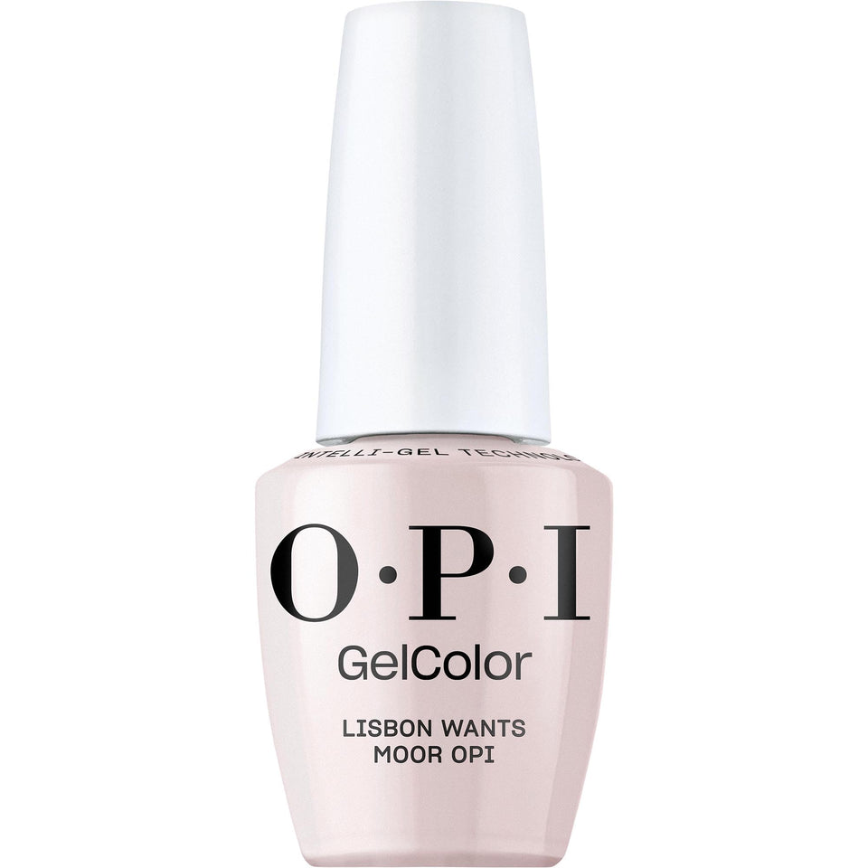 OPI bottle front showing Lisbon Wants Moor and glossy finish benefit