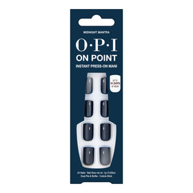 OPI Midnight Mantra front packaging showing navy press-on nails and included glue