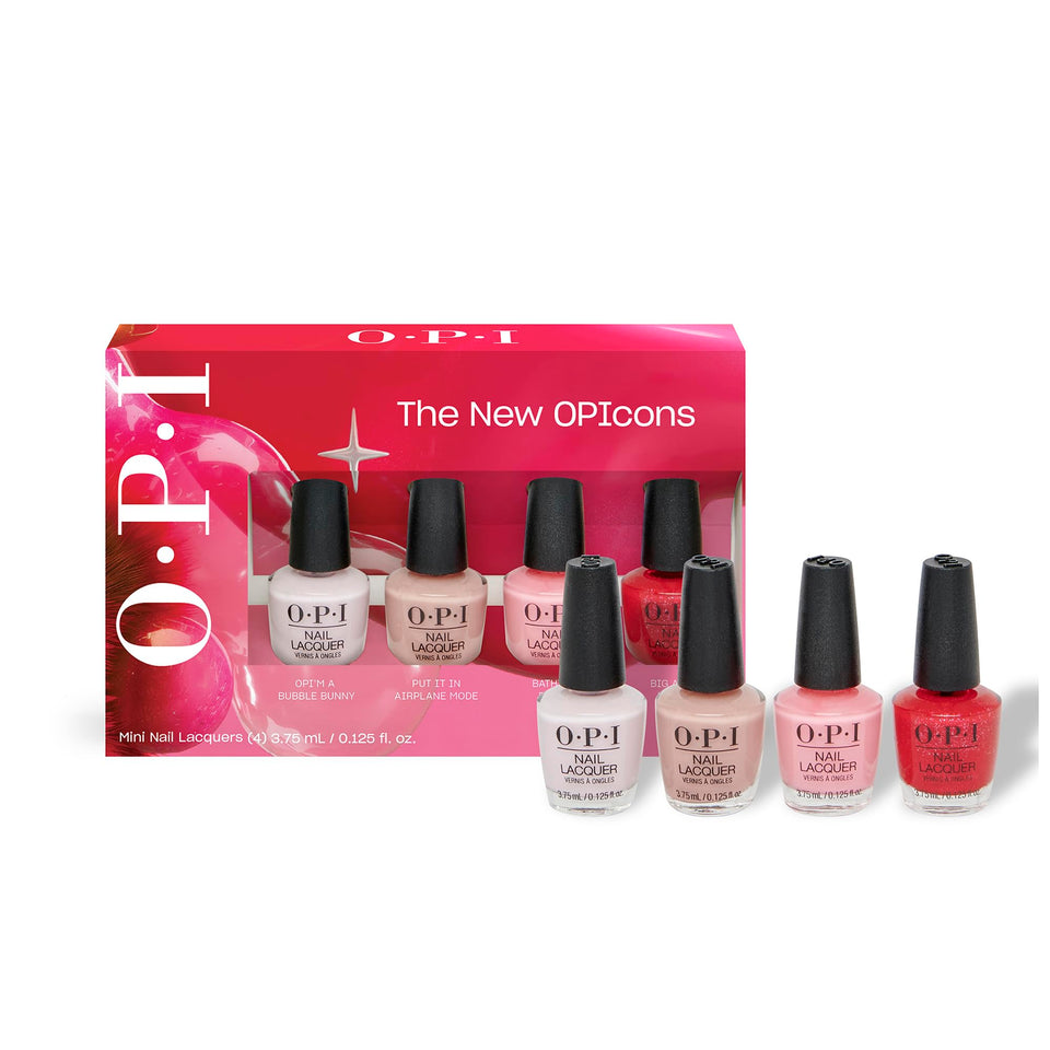 OPI mini pack front view showing four mini bottles and vibrant color selection benefits