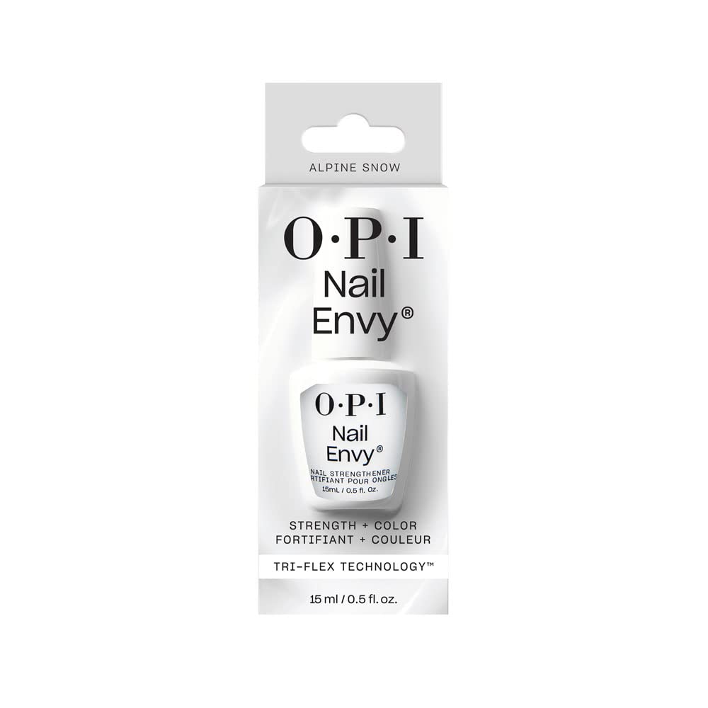 OPI Nail Envy Alpine Snow worn in a lifestyle manicure showing natural-looking strengthened nails benefit